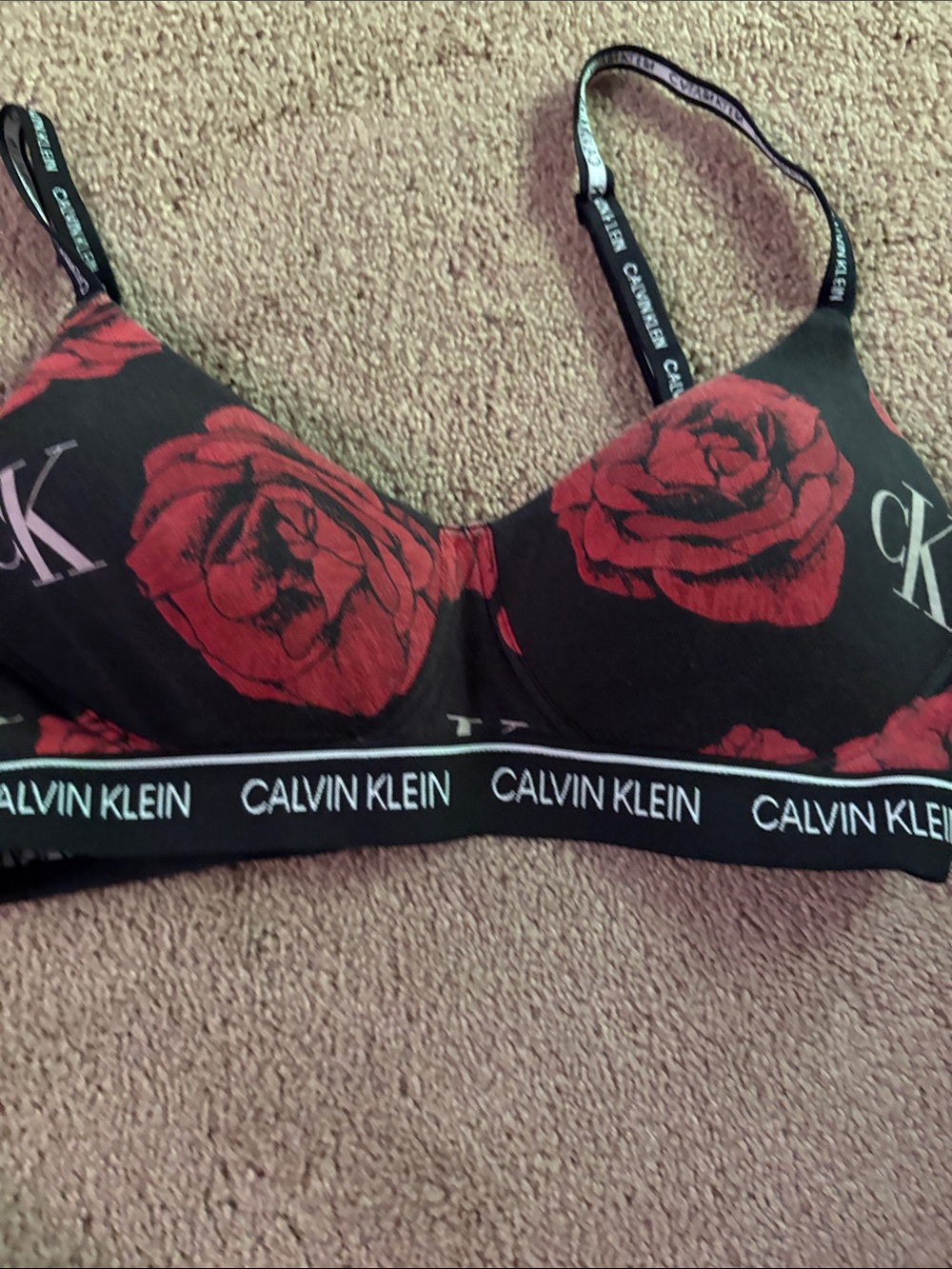 Calvin Klein Black Bra with Red Rose Motif wireless medium adjustable straps